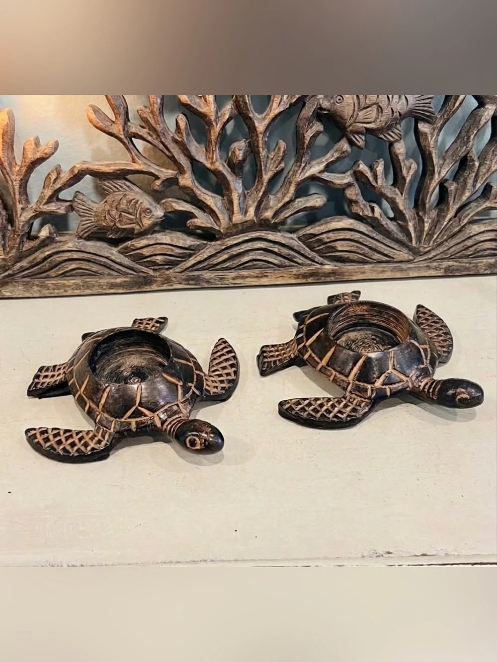 CAST IRON SEA TURTLES VOTIVES CANDLEHOLDER COASTAL DECOR SET OF 2